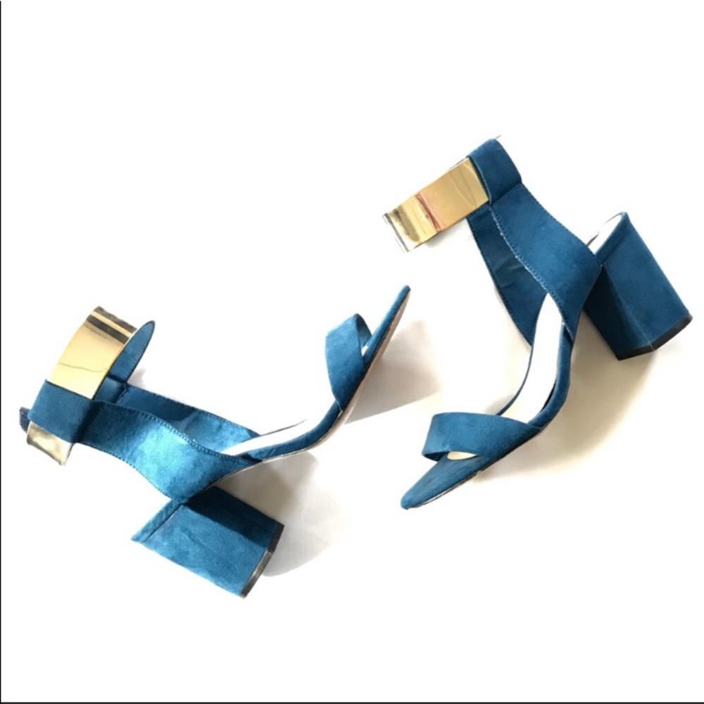 ZARA | blue block heels with gold ankle strap